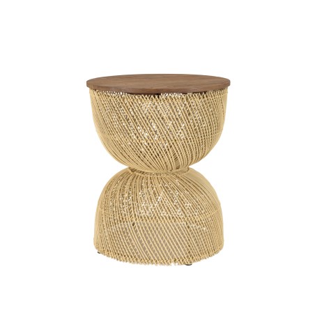SIXTINE Beige Rattan Side Table - Recycled Teak Wood Top