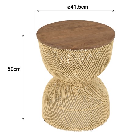SIXTINE Beige Rattan Side Table - Recycled Teak Wood Top