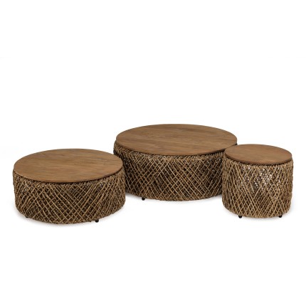Set de 3 tables basses rondes en tissage de cocotier