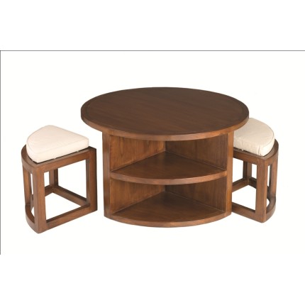Table basse ronde LORINE - Bois Mindi - 2 tabourets