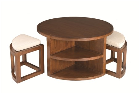Table basse ronde LAUREN - Bois Mindi - 2 tabourets