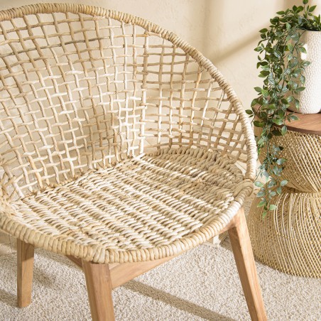 SIXTINE Beige Armchair with Rounded Backrest and Woven Abaca Seat
