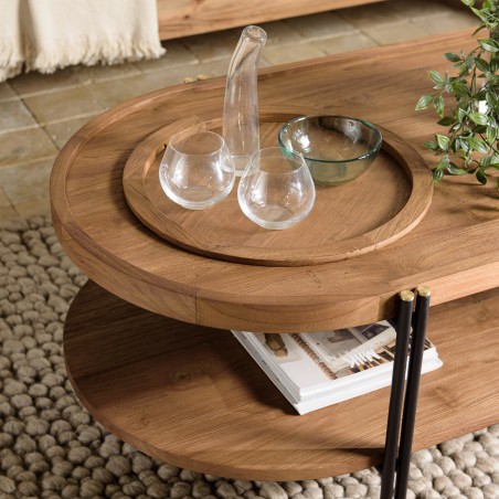 Table basse ovale Sixtine - Teck recyclé et métal noir