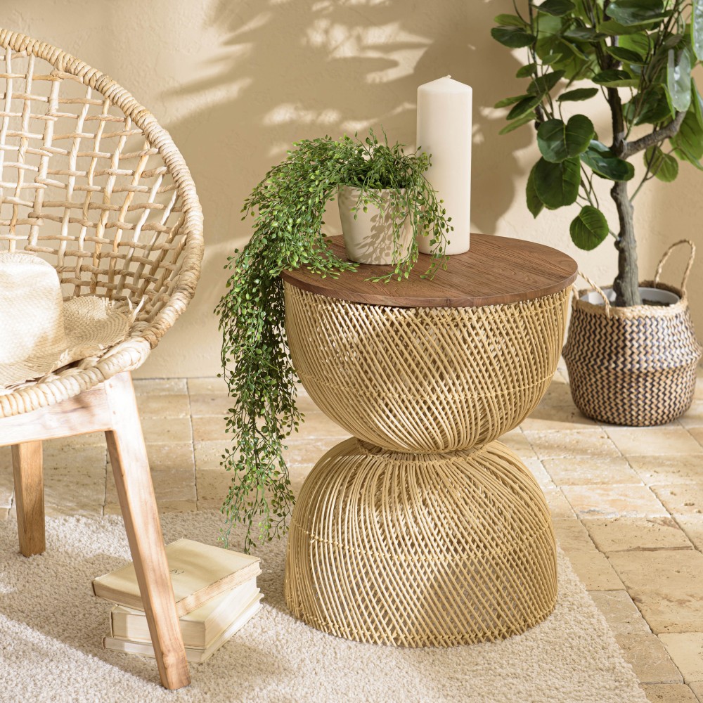 Table d'appoint SIXTINE en rotin beige et bois teck recyclé Table d'appoint SIXTINE en rotin beige et bois teck recyclé