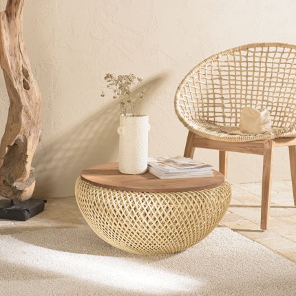 Table basse ronde SIXTINE en rotin beige 65x65cm