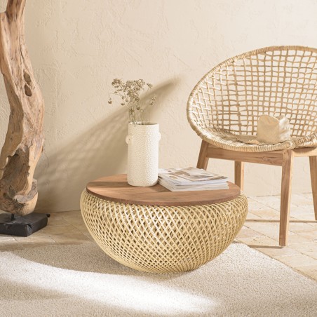 Table basse ronde SIXTINE en rotin beige 65x65cm