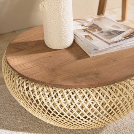 SIXTINE Round Coffee Table 65x65cm in Beige Rattan with Removable Top
