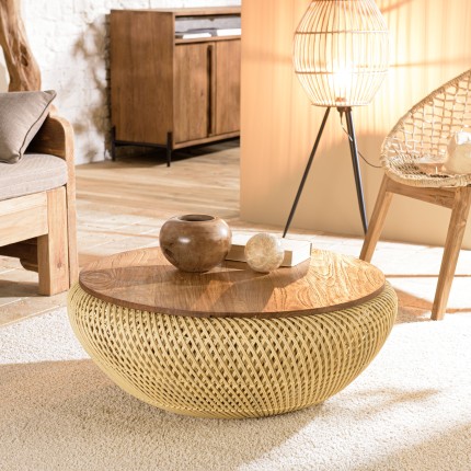 SIXTINE Round Coffee Table 80x80cm in Beige Rattan