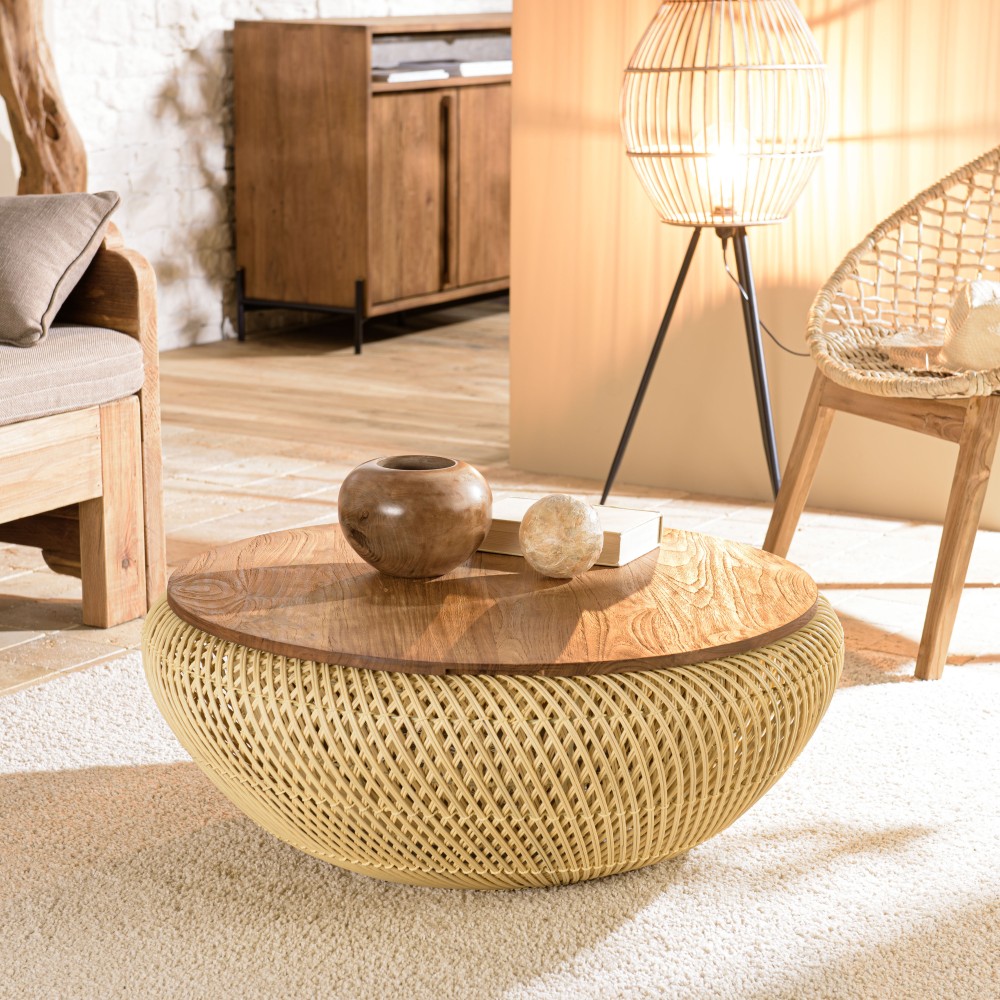 Table basse ronde SIXTINE en rotin beige 80x80cm Table basse ronde SIXTINE en rotin beige 80x80cm