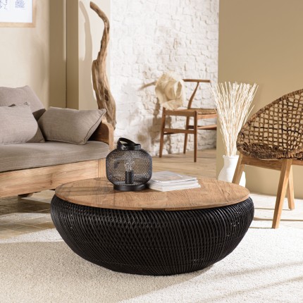 SIXTINE Round Coffee Table 100x100cm in Black Rattan with Removable Top