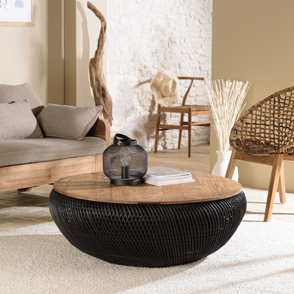 SIXTINE Round Coffee Table 100x100cm in Black Rattan with Removable Top SIXTINE Round Coffee Table 100x100cm in Black Rattan with Removable Top