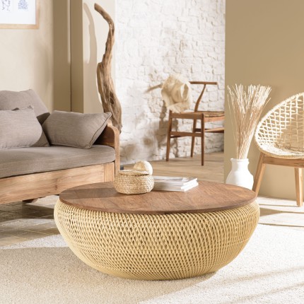 Table basse ronde SIXTINE en rotin beige - 100x100cm