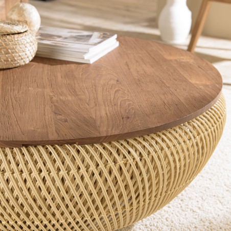 SIXTINE Round Coffee Table 100x100cm in Beige Rattan | Natural and Functional