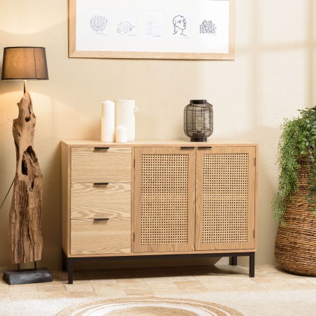 MARCEAU Sideboard with 3 Drawers and 2 Doors - Natural Cane Finish