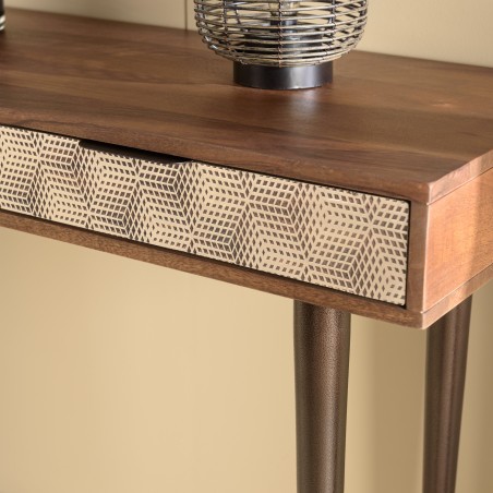 Console en bois de manguier ALIX - 2 tiroirs motifs ethniques dorés