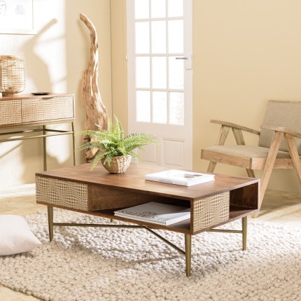 ALIX - Rectangular Mango Wood Coffee Table with 2 Niches