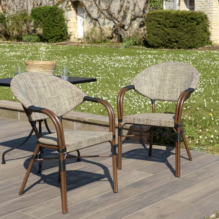 Lot 2 chaises jardin bistrot acier textilène taupe