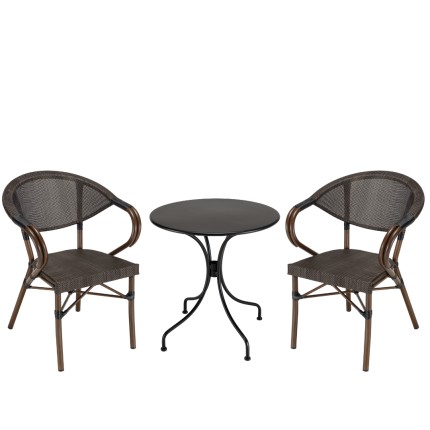 Salon de jardin VIANNEY en acier - 2 personnes - Table ronde 70x70cm et 2 chaises textilène marron