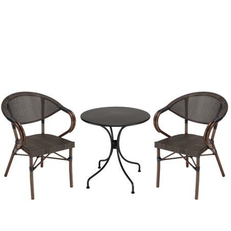 Salon de jardin VIANNEY en acier - 2 personnes - Table ronde 70x70cm et 2 chaises textilène marron
