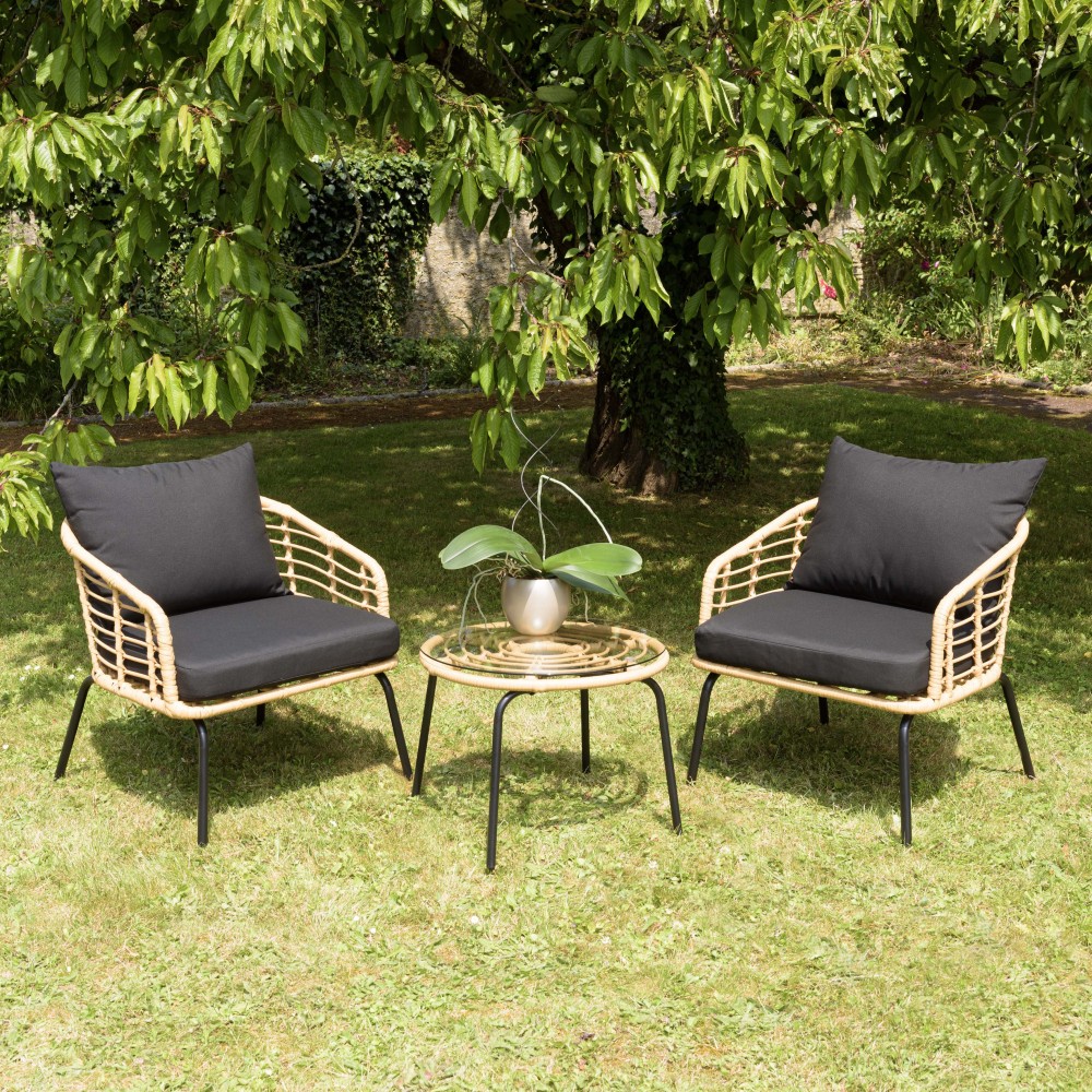 Ensemble MALO - Fauteuils rotin synthétique et table basse ronde Ensemble MALO - Fauteuils rotin synthétique et table basse ronde