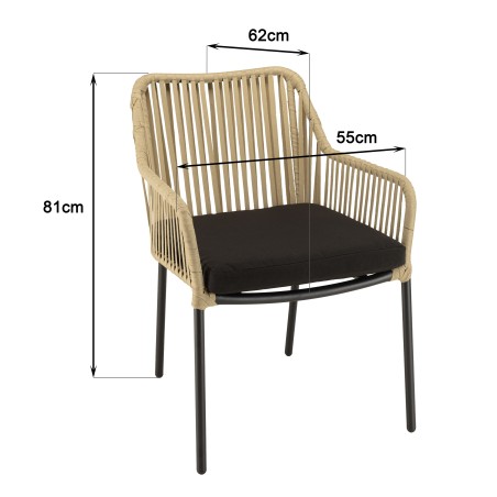 MALO - Set of 2 Natural-Coloured Rope Armchairs with Black Seat Cushions
