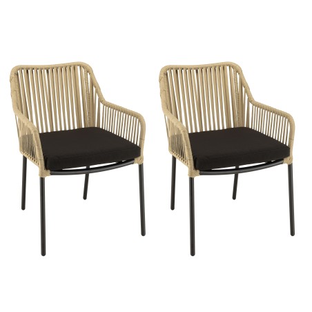 MALO - Set of 2 Natural-Coloured Rope Armchairs with Black Seat Cushions
