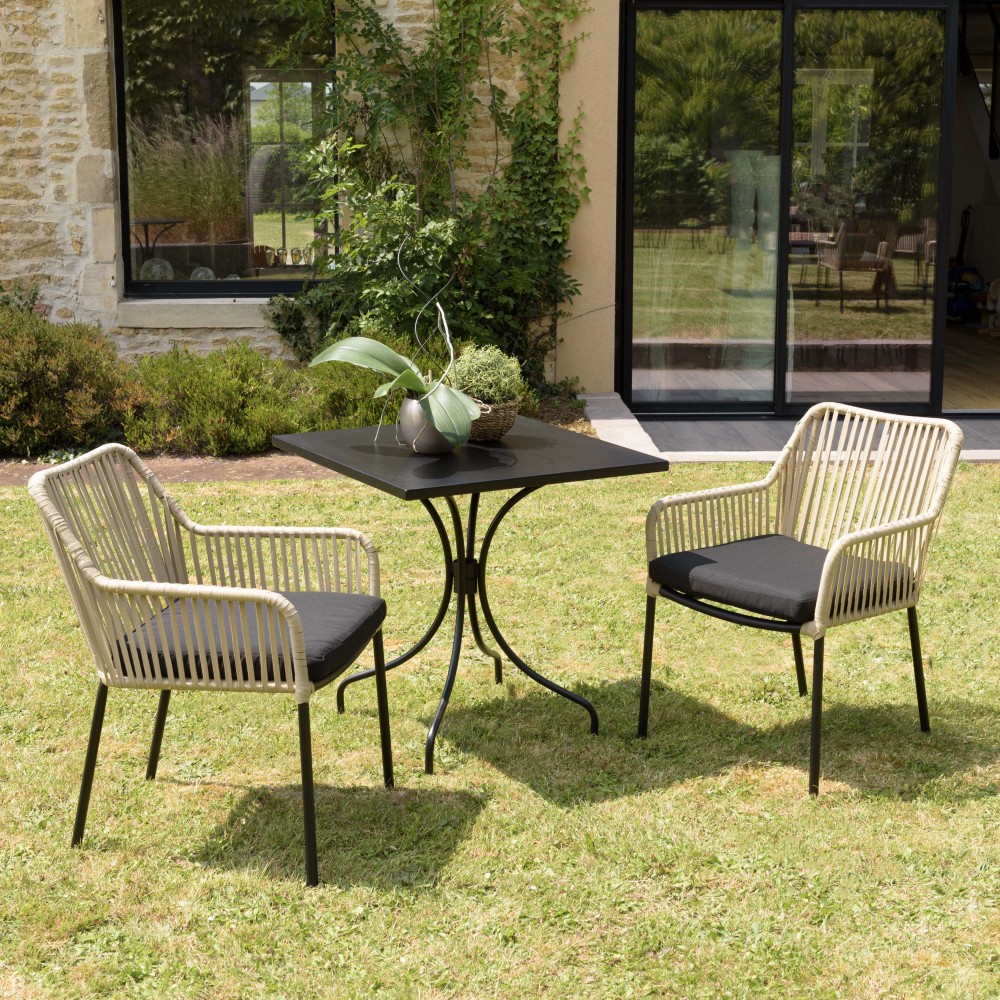 MALO 2-Person Garden Set - Square Table 70x70cm - Beige and Black Armchairs MALO 2-Person Garden Set - Square Table 70x70cm - Beige and Black Armchairs