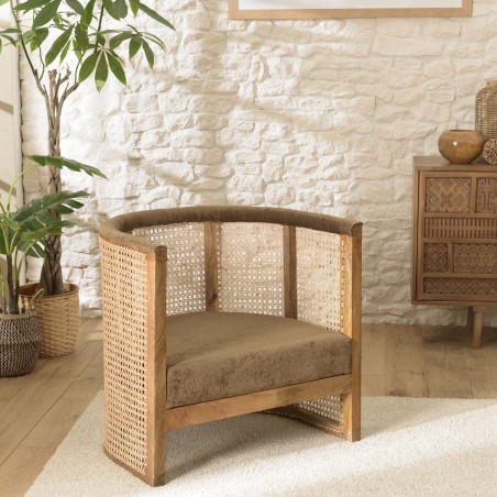 ISA - Mango Wood Armchair with Natural Cane Back and Taupe Seat