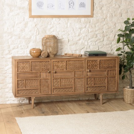 ISA - Patinated Mango Wood Sideboard with Art Deco Carved Motifs