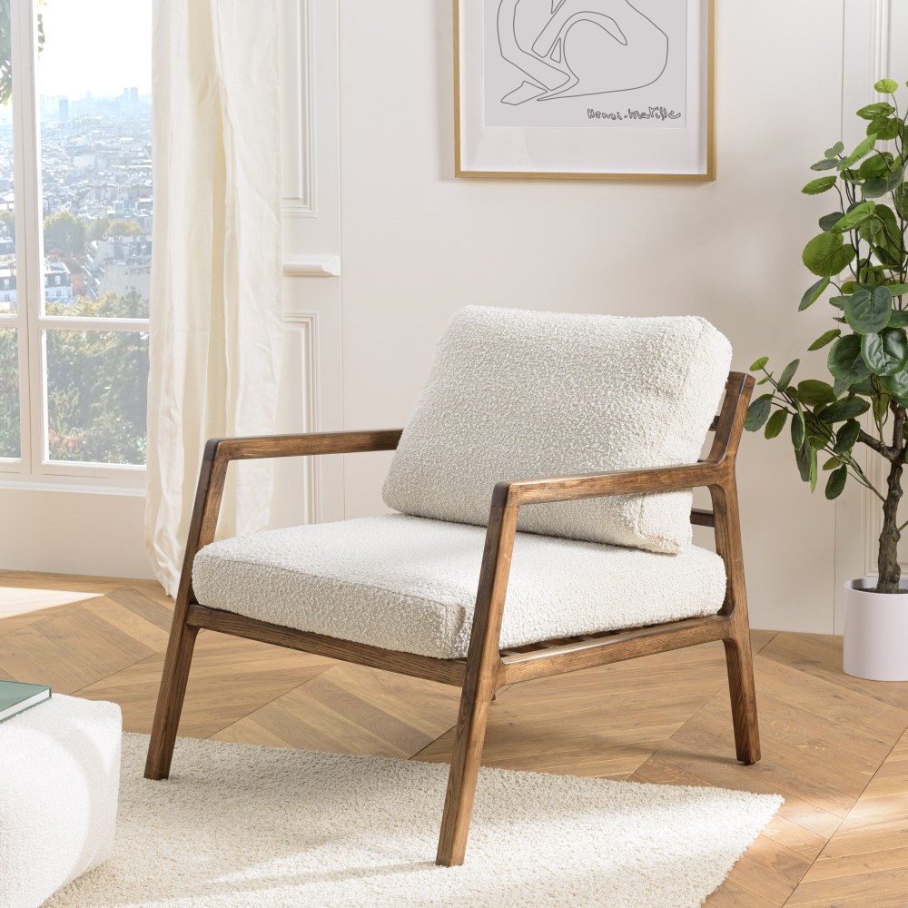 Fauteuil OCTAVE en tissu écru et bois Fauteuil OCTAVE en tissu écru et bois