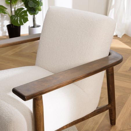 OCTAVE Armchair in Ecru Bouclé Fabric - Wooden Frame and Armrests