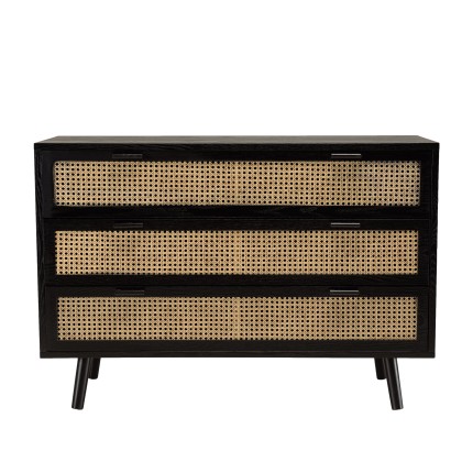 Commode noire 3 tiroirs cannage naturel ANGELO