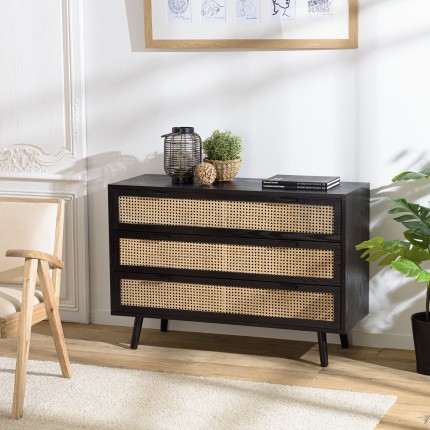 Commode noire 3 tiroirs cannage naturel ANGELO