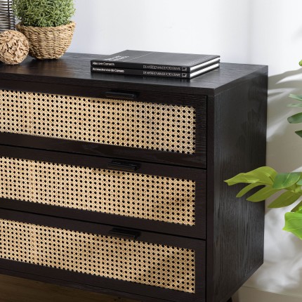 Commode noire 3 tiroirs cannage naturel ANGELO