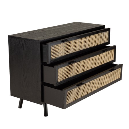 Commode noire 3 tiroirs cannage naturel ANGELO