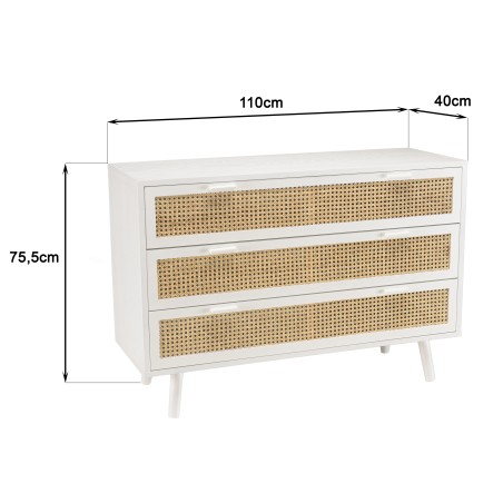 SMANDY White Chest of Drawers with 3 Drawers and Natural Cane Detailing