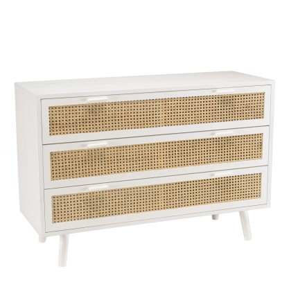 SMANDY White Chest of Drawers with 3 Drawers and Natural Cane Detailing