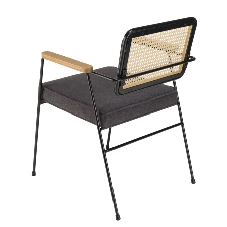 Fauteuil AGATHE - Métal noir, assise tissu gris foncé, dossier rotin