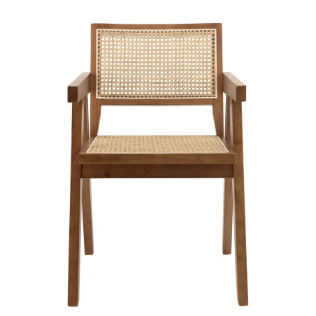 AGATHE Dark Rubberwood Armchair with Natural Rattan Backrest - Rustic Charm