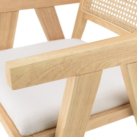 AGATHE Hevea Wood Armchair with White Fabric Seat and Rattan Backrest