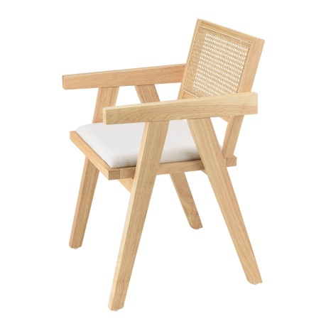 AGATHE Hevea Wood Armchair with White Fabric Seat and Rattan Backrest