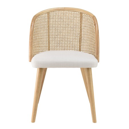 Chaise AGATHE bois d'Hévéa tissu blanc rotin