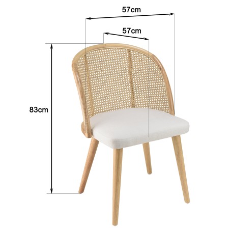Chaise AGATHE bois d'Hévéa tissu blanc rotin
