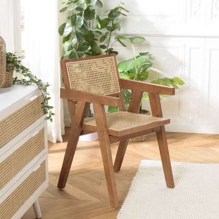 AGATHE Dark Rubberwood Armchair with Natural Rattan Backrest - Rustic Charm