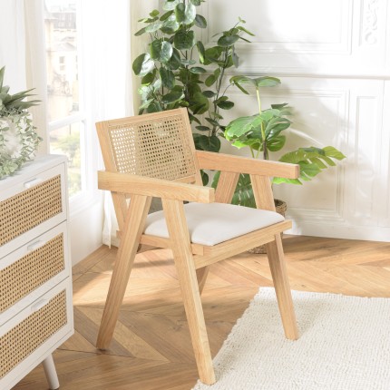 Fauteuil AGATHE bois d'hévéa assise tissu blanc