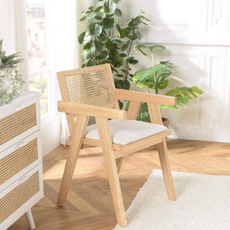 Fauteuil AGATHE bois d'hévéa assise tissu blanc