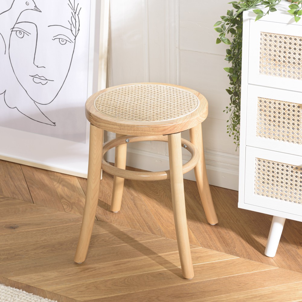 AGATHE Hevea Wood Stool with Natural Rattan Seat AGATHE Hevea Wood Stool with Natural Rattan Seat