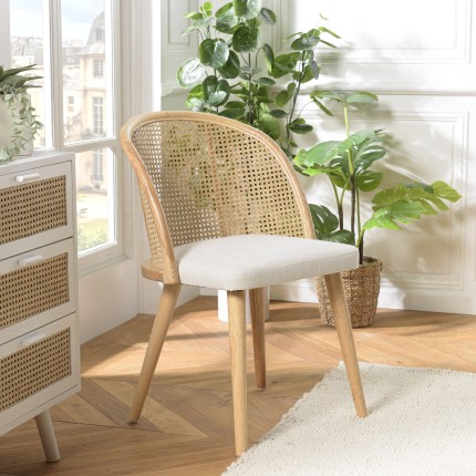 AGATHE Hevea Wood Chair with Rounded Rattan Backrest