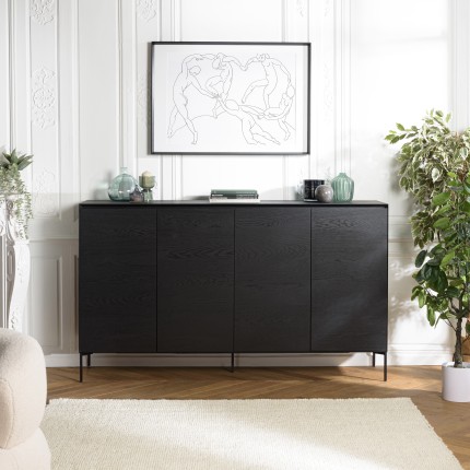 MAXENDRE Black Sideboard with 4 Doors, 6 Shelves and Metal Legs