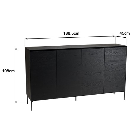 MAXENDRE Black Sideboard with 4 Doors, 6 Shelves and Metal Legs